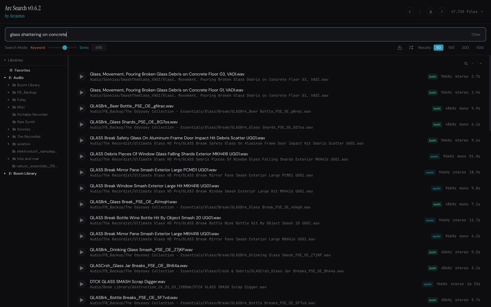 Arc Search showing ranked results for the query 'glass shattering on concrete' across a 47,745-file library: each row has a play button, filename, library path, a match badge, and sample rate, channels, and duration.